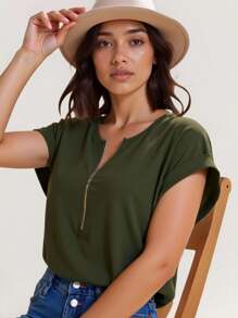 SHEIN LUNE 捲邊袖拉鏈半開襟上衣