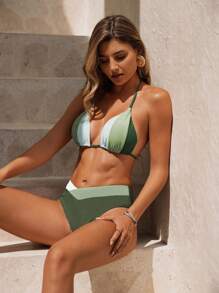 Swim Chiccia Women's Multi-Color Patchwork Triangle Halter Neck Tie Side Bikini Set, Summer - Multicolor - View 3