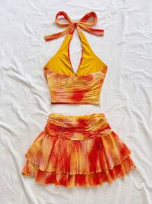 Soleia Women's Sunset Ombre Gradient Print Pleated Fabric Halter Neck Bodycon Top And Double Layer Ruffle Mini Skirt Set, Holiday, Date, Afternoon Tea, Beach, Cruise, Road Trip, Music Festival, Boho Vacation Summer Skirt Set Vacation Outfits Woman Skirt Set Beach Skirt Set Tequila Sunrise Outfit - Coral Orange - View 2