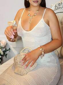 Plus Size Solid Color Spaghetti Strap Fitted Summer Knit Dress - White - View 4