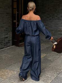 Livesso Distressed Washed Casual Summer Set, Off Shoulder Short Blouse And Long Pants, Women Denim Suit - Blue - View 2
