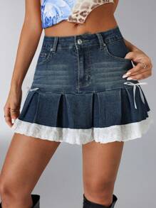 SHEIN Unity Thời trang nữ Boutique Phong cách cá nhân hóa Phong cách đường phố Dễ thương Nơ ren Viền trang trí Denim Wash Denim Váy chữ A - Rửa tối - Xem 4