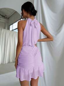 Firerie Women's Neck Tie Ruched Bodycon Romantic Elegant Vacation Beach Dress - Violet Purple - View 2