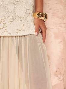 SHEIN BAE Spring/Summer Apricot Sleeveless Bandeau Delicate Heavy Work Lace Mesh Panels Elegant Maxi Women's Dress,Summer Dress - Apricot - View 5