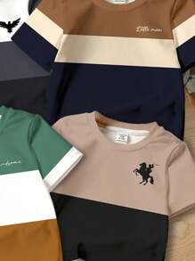 SHEIN Set de 4 camisetas de manga corta con cuello redondo y estampado de bloques de color clásico para bebé niño, apropiado para verano, para hermanos, exterior, campus