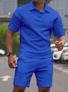 Manfinity Homme Men's Half-Zip Embossed Drop Shoulder Casual Short Sleeve Polo Shirt Set For Summer Men Two Pieces Short Sets Two Pieces Short Set For Men Men Two Pieces Outfits Short Set Two Pieces Set For Men Summer Two Pieces Set For Men - Royal Blue - View 3