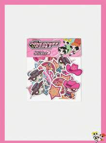 THE POWERPUFF GIRLS X SHEIN 花朵、泡泡、毛茛图案甜美可爱的牛仔风格混合贴纸 - 粉色 - 查看 1