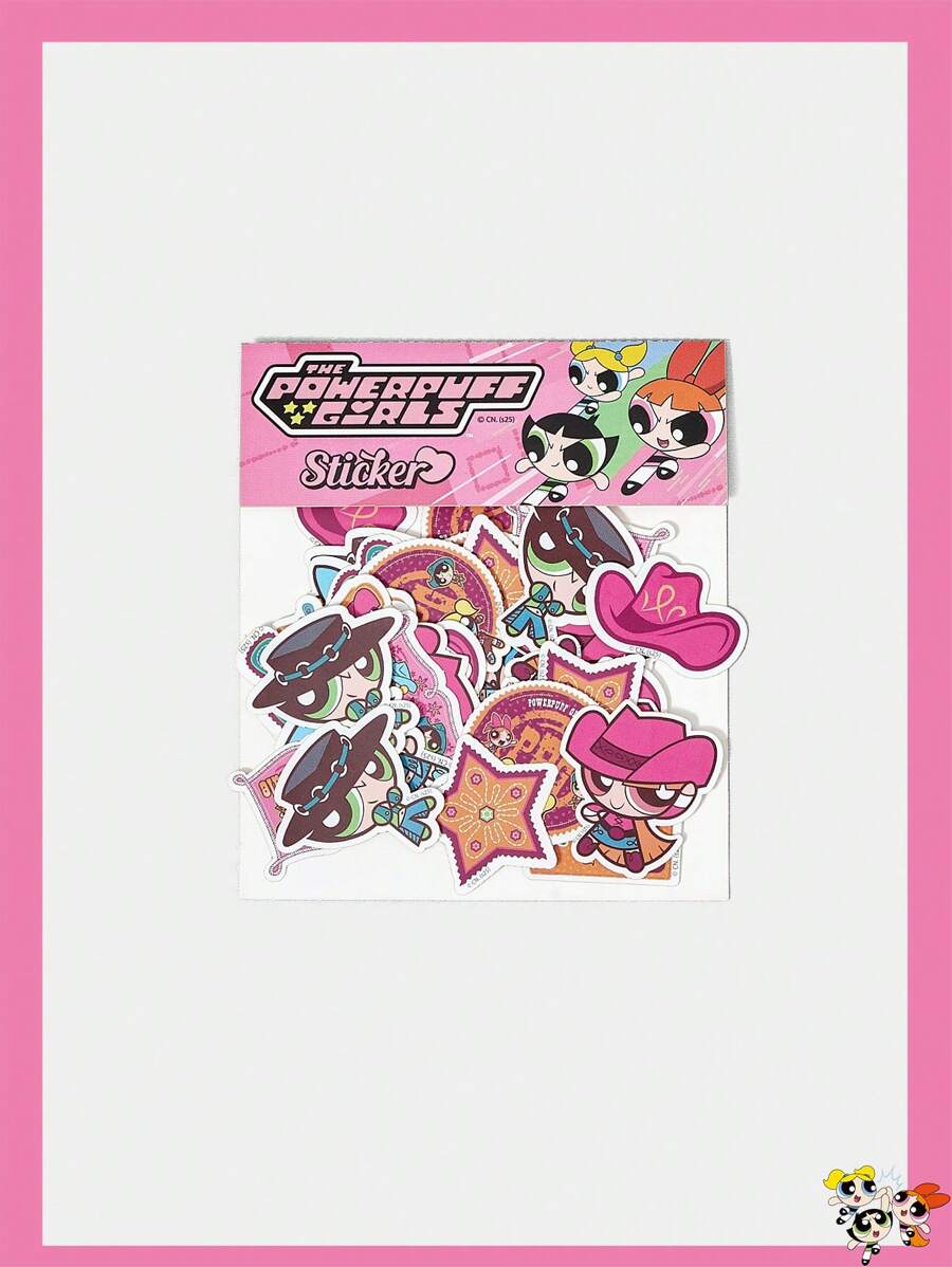 THE POWERPUFF GIRLS X SHEIN 花朵、泡泡、毛茛图案甜美可爱的牛仔风格混合贴纸 - 粉色 - 查看 1