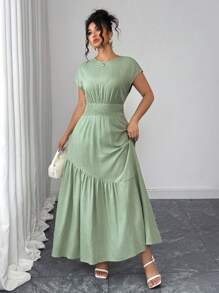 Elenzga Damen einfarbiges, elegantes, minimalistisches, hochwertiges, bequemes Büro-Maxikleid mit gefalteter Taille, Frühling/Sommer