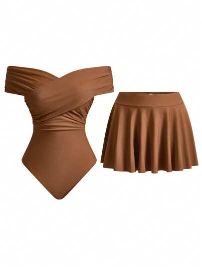 Swim Oasis 女士可爱交叉露肩上衣和裙子两件套，夏季假日装