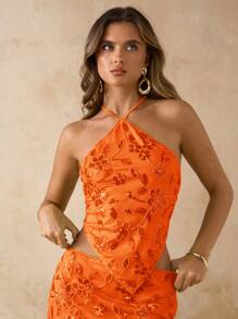 SHEIN BAE Spring/Summer Solid Green Spaghetti Strap Elegant Pearl Floral Backless Tie-Up Vest, Vacation Sparkling Spaghetti Strap Tank Top, Suitable For Beach, Holiday - Backless Sexy Green Sequin Pearl Studded Camisole