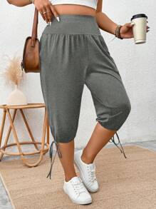 SHEIN LUNE Pantalones elegantes casuales de talla grande con bolsillos sesgados para mujeres, nueva longitud de 7/10