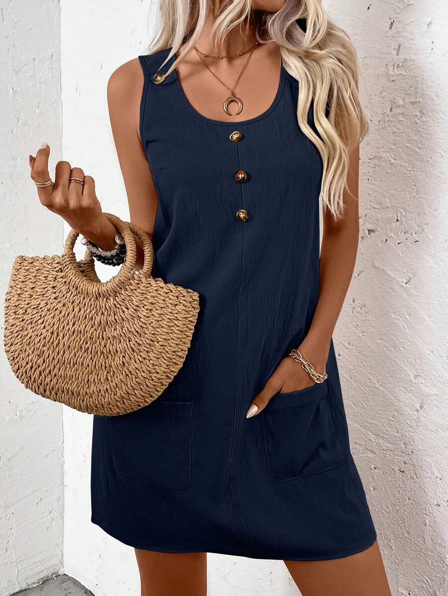 EMERY ROSE Women's Solid Color Button Pocket Casual Sleeveless Dress, Summer - Navy Blue - View 1