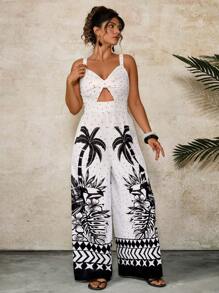 Travachic 大码女式夏季度假无袖镂空连体裤，黑白棕榈树热带印花阔腿长款连体裤，适合各种场合，如度假、海滩、夏季、城市度假、波西米亚风、欧洲夏季海岛度假等。