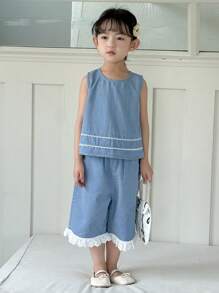 Dazy Kids Bộ đồ denim thời trang cho bé gái - Rửa trung bình - Xem 6