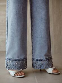 MOTF PREMIUM 珠饰与仿珍珠细节卷边阔腿牛仔裤