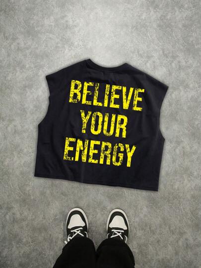 Manfinity ZONE917 休闲街头风做旧破洞黄色标语印花超大款露脐无袖背心