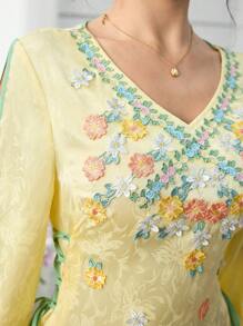 Yasmyna Vestido fluido de manga abullonada con escote en V, aplicaciones florales 3D y volante, color amarillo, para primavera/verano