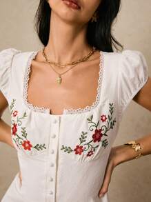 Poéselle Women Floral Embroidered Single-Breasted Cap Sleeve Casual Mini Dress