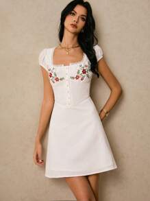 Poéselle Women Floral Embroidered Single-Breasted Cap Sleeve Casual Mini Dress