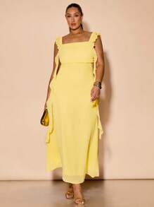 SHEIN BAE Vestido Longo de Chiffon Sereia de Ajuste Slim com Babado Amarelo Sólido para Primavera Verão, Vestido Amarelo, Vestido de Casamento da Madrinha, Vestido Formal Elegante, Amarelo Manteiga - Amarelo - Visão 5