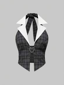 ROMWE Academia 2pcs Y2K College Girl Colorblock Crop Top And Mini Skirt Set - Grey - View 7