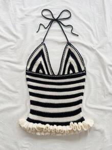 Soleia Women's Summer Black & White Striped Halter Neck Ruffle Knit Top, Suitable For Holiday, Dates, Casual Afternoon Tea, Parties, Music Festivals, Boho Vacations - Black and White - View 2