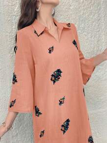 Al Najma Embroidered Collar Long Casual Dress - Orange - View 4