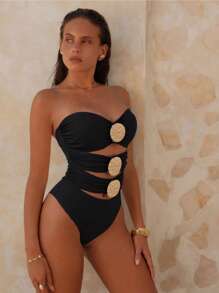 Swim Chiccia 1 pezzo Crop top elegante in metallo nero con design segmentato