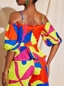 JIAN LASALA Summer Colorful All-Over Printed Peplum Tube Top With Lantern Sleeves Women Casual Vacation Beach Vacation Outfits European Summer Going Out Hawaii Outfits Women Ankara Tops Resort Wear Rave Outfits Festival Vintage Homecoming SXY Elegant - Multicolor - View 2