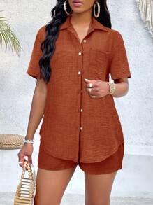 VaVaBold Conjunto de blusa de hombros caídos y top halter sin espalda con shorts - Marrón - Ver 6