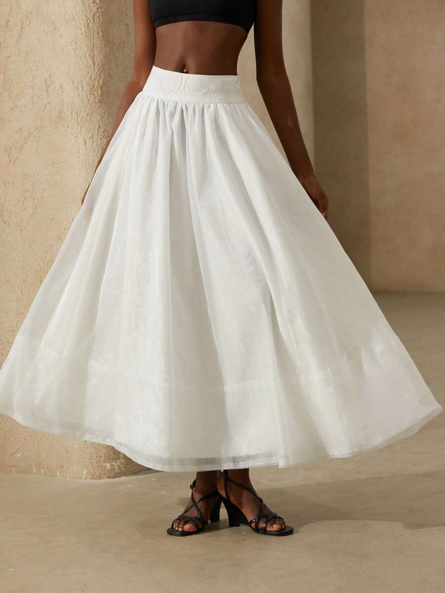 Aveloria Rosie 法式优雅欧根纱高腰喇叭中长裙，超大口袋浪漫长裙，适合女士春夏