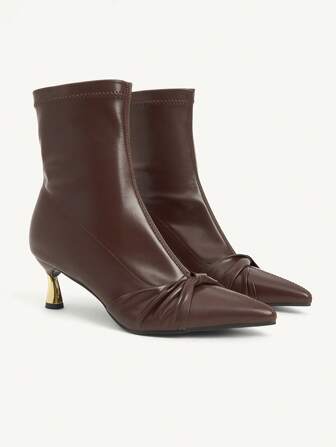 CUCCOO CHICEST Damen Neu Spitze Stilettos, modische Ankle Boots in Braun, vielseitiges Schleifen- & Galvanisierungsdesign, minimalistisch elastisch, geeignet für Herbst/Winter
