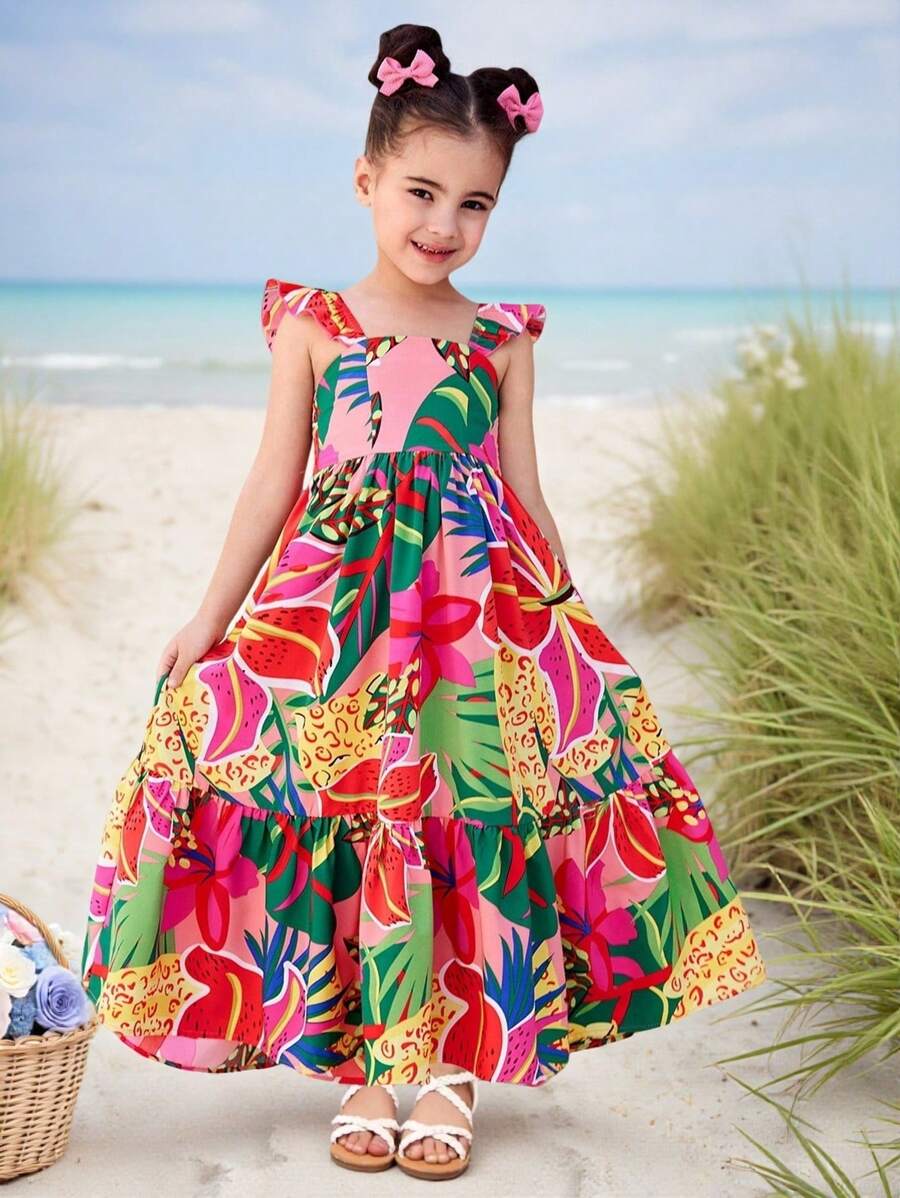 SHEIN 年轻女孩编织热带碎花方领修身吊带背心连衣裙假日服装