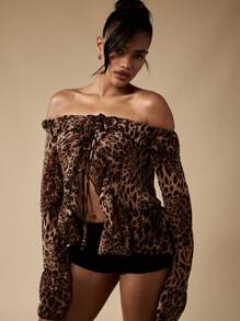 MISSGUIDED Off Shoulder Bardot Chiffon Blouse Animal Print Long Sleeve Ruffle Crop Festival Holiday Beach Summer Party Top - Multicolor - View 5