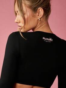 Missguided x Playboy Long Sleeve Wrap Style Ballet Dance Crop Top Cross Front Tie Back Modern Dance Studio Practice Wear With Thumb Holes Figure Hugging Performance Active Wear - Black - View 5