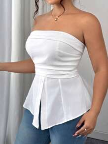 Elenzga Plus Size Women Strapless Textured Knitted Tube Peplum Top, Back Drawstring Design, Fashionable Casual Sexy Blouse, Suitable For Spring Summer Wear