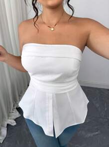 Elenzga Plus Size Women Strapless Textured Knitted Tube Peplum Top, Back Drawstring Design, Fashionable Casual Sexy Blouse, Suitable For Spring Summer Wear