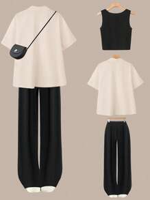 Flirla Conjunto de 3 piezas de talla grande para mujer, incluye top de tirantes, pantalones de pierna ancha y blusa de manga corta en color block, elegante conjunto para usar en casa