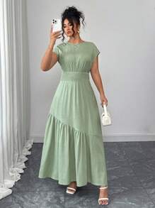 Elenzga Damen einfarbiges, elegantes, minimalistisches, hochwertiges, bequemes Büro-Maxikleid mit gefalteter Taille, Frühling/Sommer