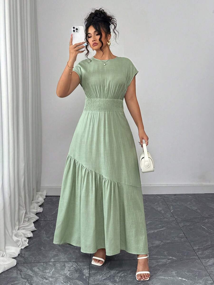 Elenzga Damen einfarbiges, elegantes, minimalistisches, hochwertiges, bequemes Büro-Maxikleid mit gefalteter Taille, Frühling/Sommer