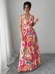 Elenzga Sleeveless Ditsy Floral Music Festival Plunging Neck Open Slit Ruched Hem Sexy Vacation Dress For Women - Multicolor - View 3