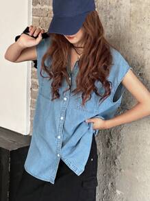 Dazy Kids Teen Girl Denim Collared Short Sleeve Blouse,Girls Summer Outfits,Back To School Clothes