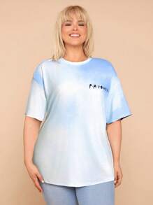 FRIENDS X SHEIN Elena Ilustra Camiseta de manga corta y cuello redondo con estampado gráfico minimalista, talla grande, para verano
