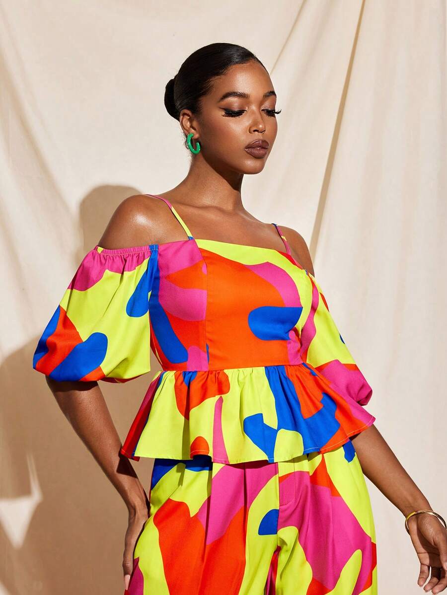 JIAN LASALA Summer Colorful All-Over Printed Peplum Tube Top With Lantern Sleeves Women Casual Vacation Beach Vacation Outfits European Summer Going Out Hawaii Outfits Women Ankara Tops Resort Wear Rave Outfits Festival Vintage Homecoming SXY Elegant - Multicolor - View 1