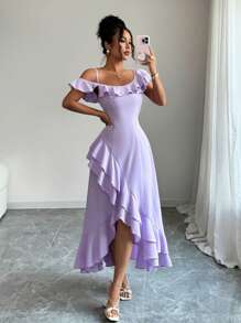 Selianne 全新女式纯色不对称肩带荷叶边下摆不对称背部设计休闲百搭优雅连衣裙