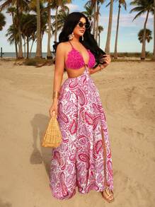 SHEIN SXY 女式夏季假日无袖蕾丝胸前装饰镂空圆圈露背佩斯利图案高开衩连衣裙