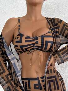 SHEIN Swim 女士三件套：棕色印花短款吊带背心、抽绳短裤和长袖透明和服，优雅的波西米亚风泳装套装