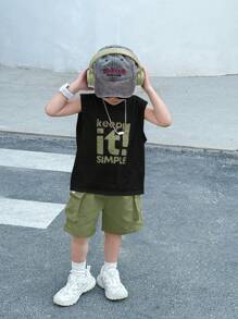 SHEIN 2 pièces/Set Jeunes garçons Style coréen décontracté Confortable Mode Pratique Polyvalent Ensemble de débardeur imprimé bicolore et short cargo, Convient pour sweat-shirt à capuche Spider, sweat-shirt à capuche zippé, Sweats à capuche pour enfants, Tenues pour enfants, Vêtements pour tout-petits garçons, École, Rentrée scolaire, Ensembles pour garçons, Tenues pour garçons, Port quotidien, École, Voyage, Sports, Printemps/Été - Militaire verte - Voir 6