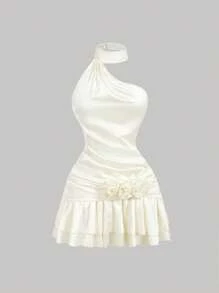 SHEIN X Belle Mariano SHEIN MOD Stand Collar Asymmetric Hem Ruffle Floral Decor Satin Apricot Dress,Low Rise Dress,Cocktail Dresses For Women,Concert ,Graduation ,Romantic ,Party,Wedding Guest,Prom ,Club ,Bachelorette,Backles,Sexy ,Coquette Satin  Champagne Dress Women